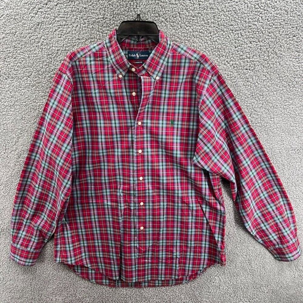 Vintage Ralph Lauren Polo Shirt Mens L Red Green Plaid Long Sleeve Classic Fit